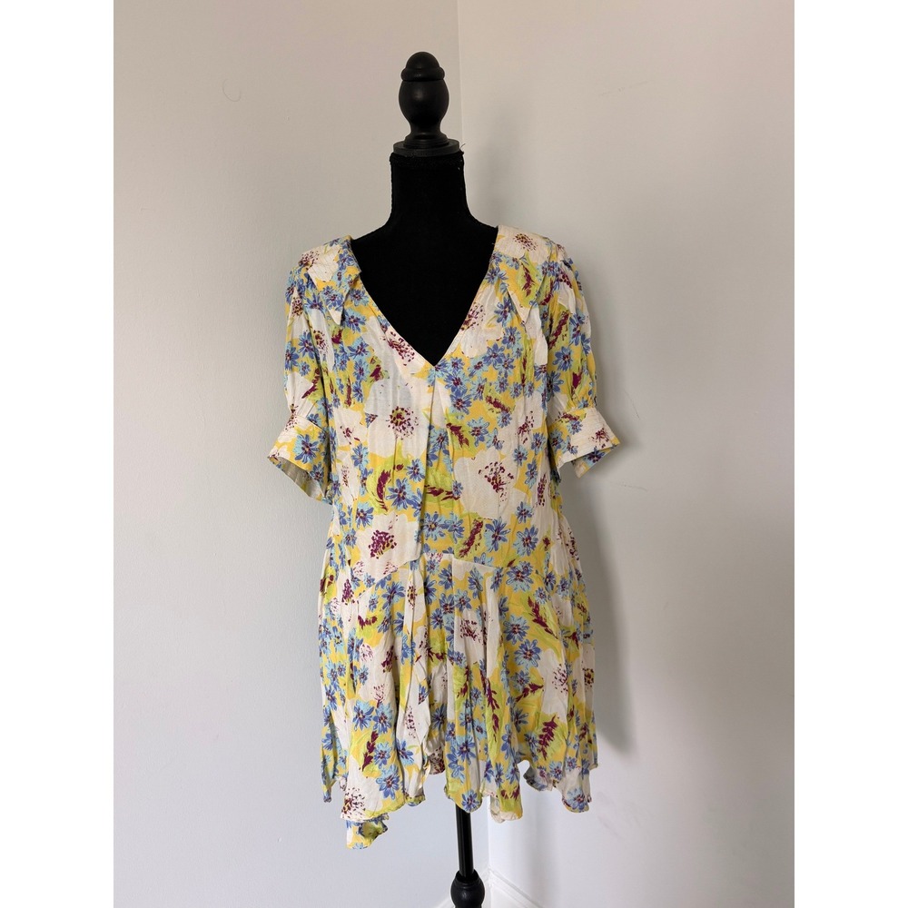 Free People Floral Mini Dress Yellow Blue V-Neck Puff Sleeve Rayon Small